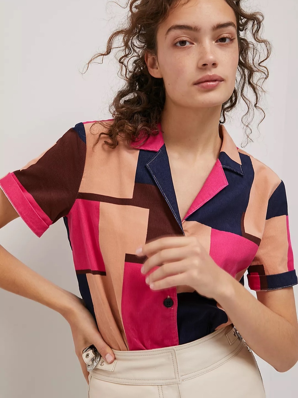 ANTHROPOLOGIE Porridge Katey Corduroy Buttondown XS Mondrian Colorblock BOHO Y2K